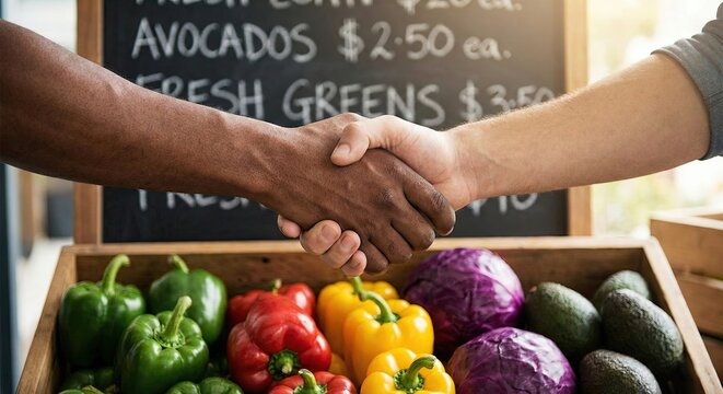 Close up of two diverse hands shaking over a box of fresh bell peppers and avocados with a chalkboard menu in the background representing a business deal or partnership in food and agriculture