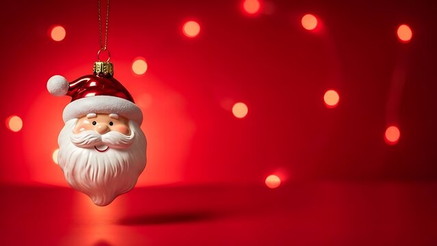 A christmas ornament depicting santa claus hanging against a vibrant red background with warm glowing lights