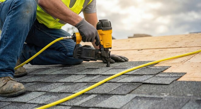 Construction Worker Using Pneumatic Nail Gun to Install Asphalt Shingles on Rooftop Under Cloudy Sky Professional Roofing Services Home Improvement Project