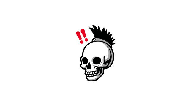 Edgy punk rock skull illustration with mohawk hairstyle and red exclamation marks on a white background, warning symbol.