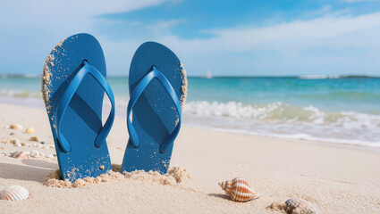 Blue flip-flops standing upright in sand on tropical beach with seashells and ocean waves in background, summer vacation seaside concept © Nataliia Pyzhova