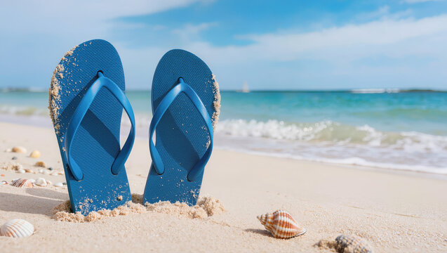 Blue flip-flops standing upright in sand on tropical beach with seashells and ocean waves in background, summer vacation seaside concept