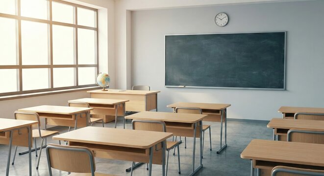 Empty Classroom With Desks Blackboard and Globe Ready for Learning Education Concept