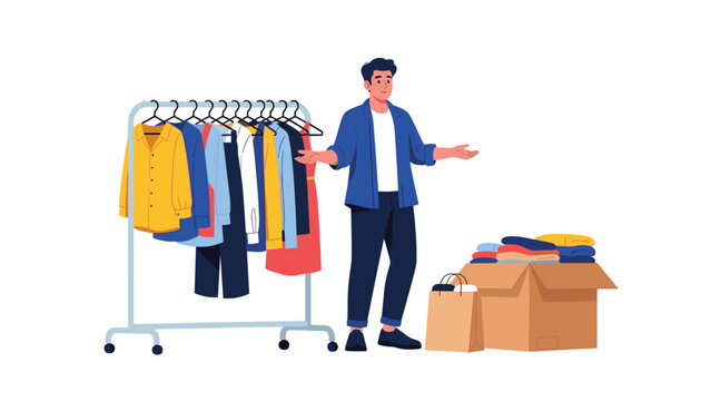 Person organizes a colorful clothing rack with assorted garments while preparing packing boxes for shipment in a retail backroom or donation center.