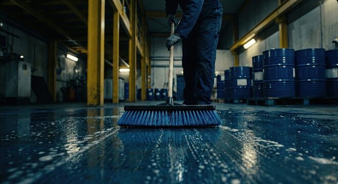 Factory worker cleans wet floor with blue broom industrial facility barrels and yellow support beams visible in background maintenance and upkeep concepts