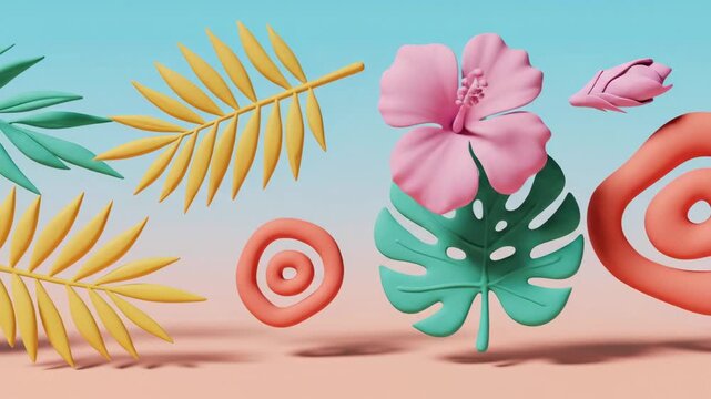 Tropical paradise 3d render with monstera palm and hibiscus flowers on gradient background for summer vacation theme