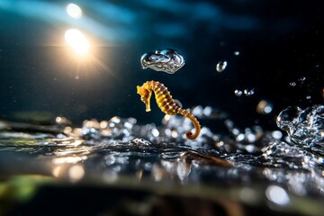 Fototapeta premium Seahorse Floating Motionless Among Suspended Water Particles in Bright Light