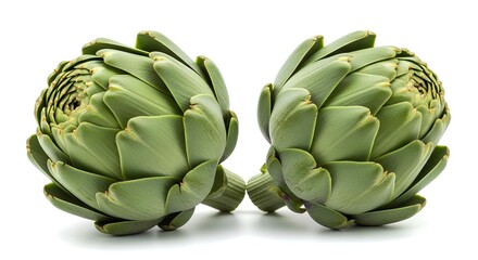 Obraz premium Two fresh green artichokes on a white background for healthy eating