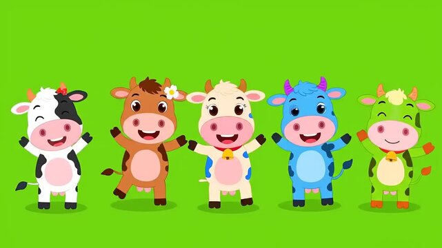 Five cheerful and vibrantly colored cartoon cows standing happily together, each unique with delightful patterns, creating a playful and friendly scene on a bright green backdrop