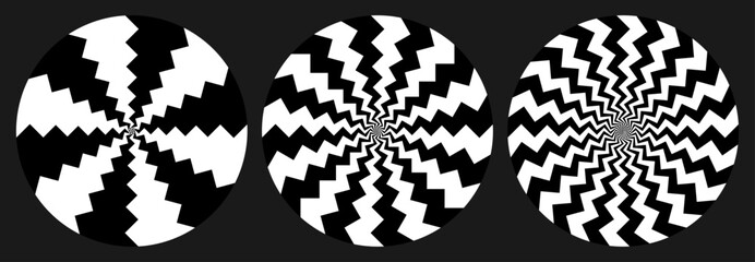 Zig zag lines abstract vortex, black and white vector set.