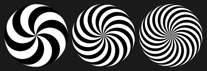 Abstract whispool spiral vortex black and white vector set.