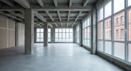 Fototapeta premium Modern industrial loft space with concrete columns beams and large windows offering city views clean interior design concept for office or residential renovation architectural blueprint