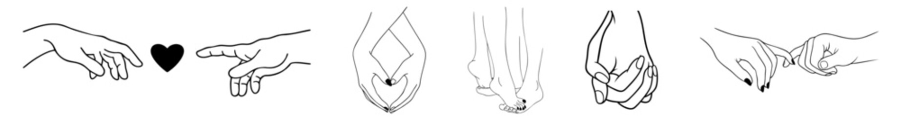Fototapeta premium Romantic Hand Gestures Line Art Showing Intimate Touch; Gentle Hand Hold; Pinky Promise; Heart Shape Hands and Emotional Connection Between Couples for Valentine’s Day