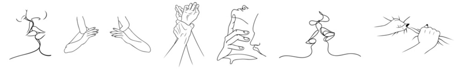 Intimate Couple Body Language Line Art — Romantic and Sensual Man and Woman Poses Expressing Passion, Desire, Kissing, Touch, Physical Closeness and Erotic Energy