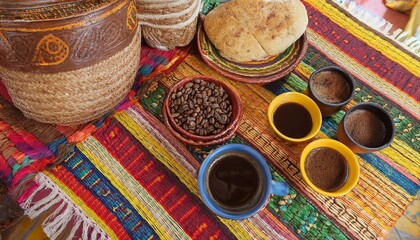 Ethiopian coffee ceremony with beans, cups, and traditional items