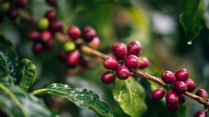 Fototapeta premium Coffee cherries growing on plantation branch with water drops