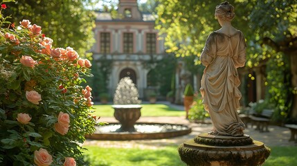 Obraz premium Historical sculptures and a fountain in the park. Illustration on the subject of travel and architecture, history and tourism.