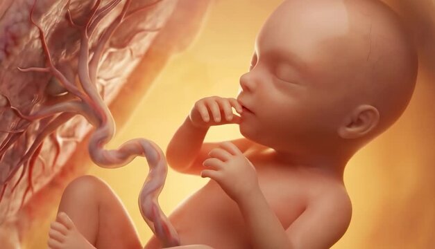 Detailed 3D animation of a human fetus developing inside the womb. The unborn baby is realistically sucking its thumb next to the umbilical cord and placenta