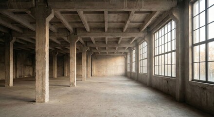 Obraz premium Vast Industrial Warehouse Interior with Concrete Pillars Exposed Beams and Large Factory Windows Allowing Natural Light