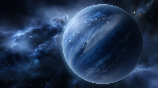 Neptune planet floating in deep outer space, rich blue atmospheric bands, subtle cloud swirls, soft planetary rim light, dramatic nebula clouds in background, dense starfield, real