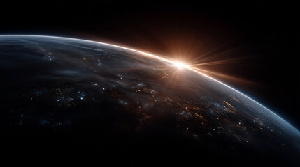 Obraz premium planetary sunrise seen from outer space, glowing sun emerging from behind dark planet horizon, sharp curved planetary limb in upper frame, soft atmospheric rim light, subtle dust p