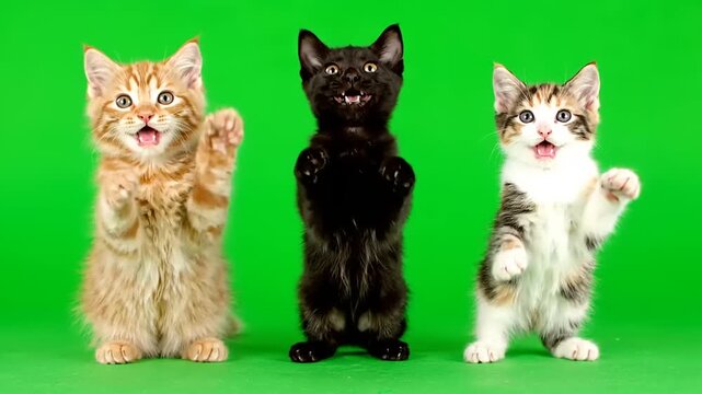 Three adorable kittens, an orange tabby, a black cat, and a white tabby, stand playfully on their hind legs with paws up against a vibrant green screen backdrop