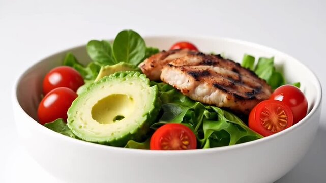 A video showcasing a healthy salad with grilled chicken and avocado