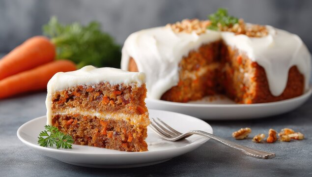 Delicious carrot cake slice with cream cheese frosting and fresh carrots