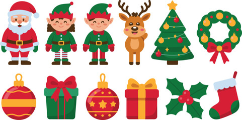 Christmas illustration icon set with Santa, elves, reindeer and festive elements. Tree, wreath, gifts and ornaments in cute flat cartoon style for holiday designs. © IVY QUEEN
