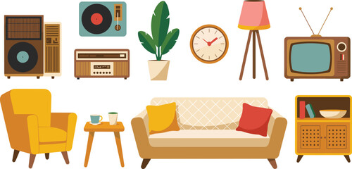 Retro living room furniture illustration set. Vintage sofa, armchair, TV, radio and decor items in cozy flat cartoon style. Perfect for interior, home and lifestyle designs. © IVY QUEEN