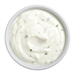 White creamy dip with herbs in bowl overhead