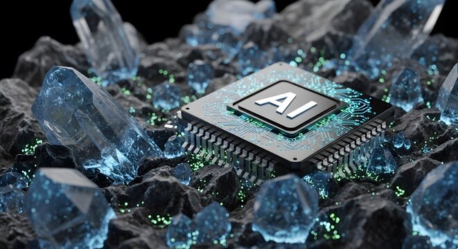 AI technology born from the earth. Concept of critical minerals, rare earth elements, mining, innovation, and sustainable technology's raw materials.