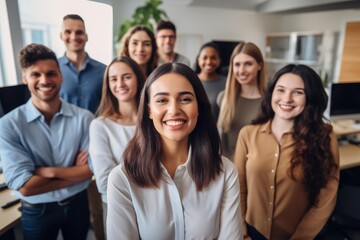 Obraz premium Diverse group of smiling business people standing together in a bright office