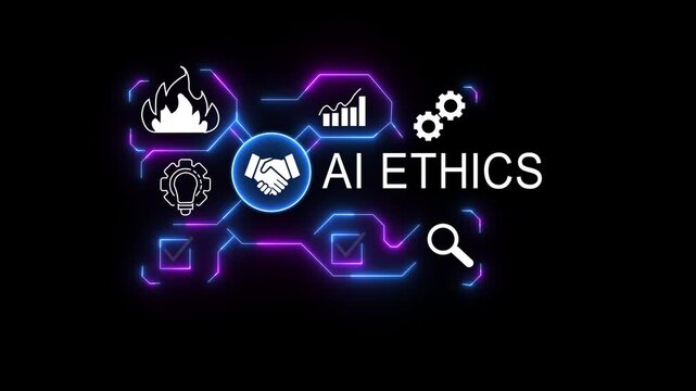 Man in suit touching ai ethics interface with scales lightbulb and magnifying glass icons displayed 4K VIDEO...
