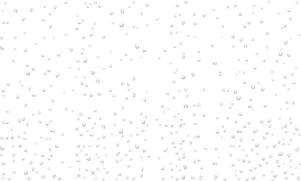 Realistic transparent scattered dew or rain water drops on wet clear window glass surface with crystal clarity effect of water-drop, dripping, droplets and liquid drop
