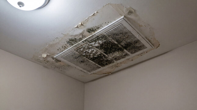 Mold on ceiling vent in home showing damage and discoloration, interior view revealing air duct and moisture issues. Mold growth affects air quality in living spaces.