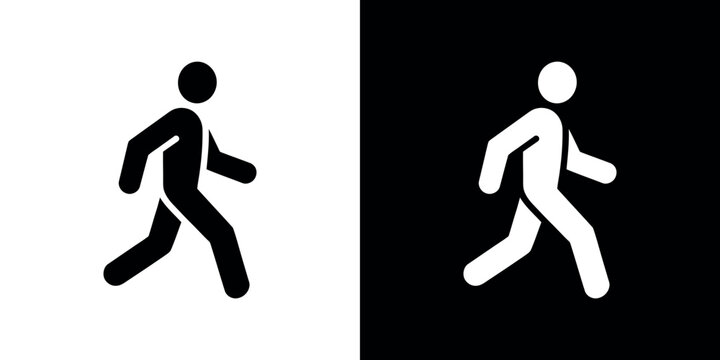 Black and white running person symbols on contrasting backgrounds