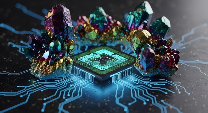 Glowing microchip among quartz crystals. Concept for technology's raw materials, sustainability, mining for rare earth minerals, and digital future.
