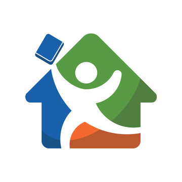 Modern home for student logo vector combining a house icon with a stylized student silhouette (graduation cap or figure), representing safe housing, education, and comfortable living for students, iso