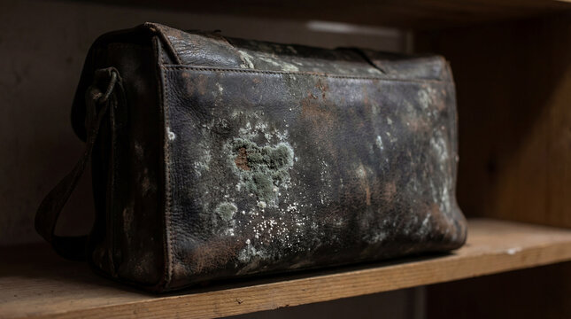 Moldy leather bag on wooden shelf with dirt and discoloration. Visible mold growth on leather texture highlights age and neglect. Concept of mold in storage or forgotten items.