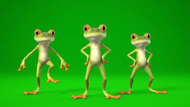 Three animated red-eyed tree frogs dancing and posing with confidence against a vibrant green screen backdrop, perfect for playful and energetic content