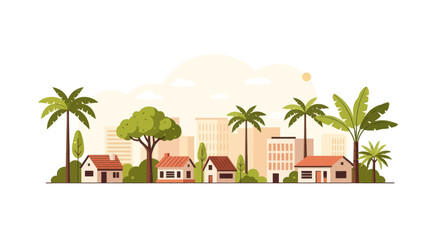 Obraz premium Tropical Cityscape with Houses, Palm Trees, and Buildings