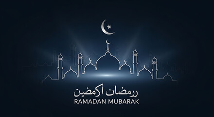 Obraz premium Ramadan Mubarak Greeting with Mosque Illustration and Crescent Moon - A Spiritual Celebration