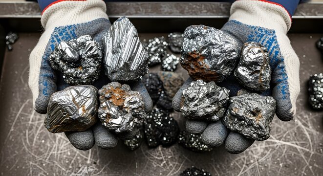 Worker hand selecting raw ore from a tray. Visualizing connection between computing, raw materials, critical minerals, tech supply chain, earth science, mining.