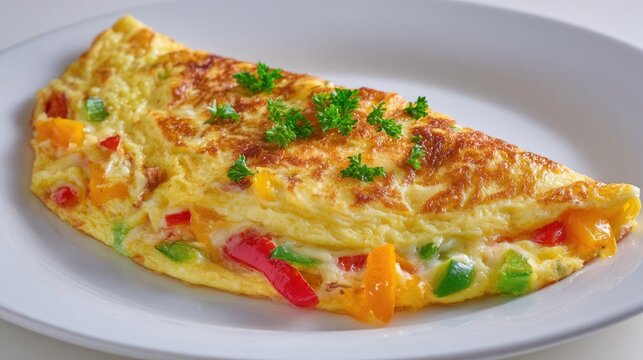 Delicious omelette with colorful vegetables and fresh herbs on white plate