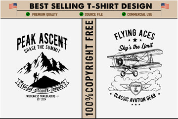 Vintagestyle tshirt designs featuring adventurous themes of mountain climbing and aviation with inspirational quotes and classic illustrations
