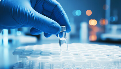 Scientist Hand in Blue Glove Holding Laboratory Test Tube