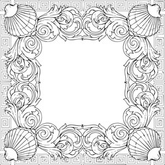 Fototapeta premium Black and White Baroque Ornate Frame Border with Shells