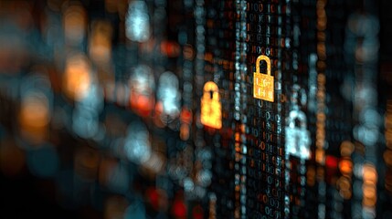 Fototapeta premium Digital security illuminated padlocks over binary code representing cyber safety