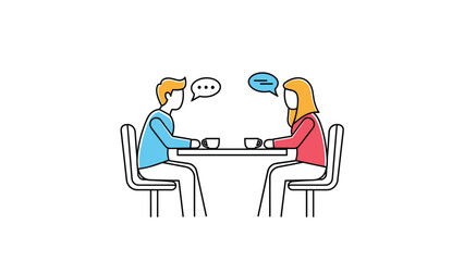Fototapeta premium Two people sit across table and share a casual conversation with coffee cups at a simple line drawing table in a friendly warm illustration.